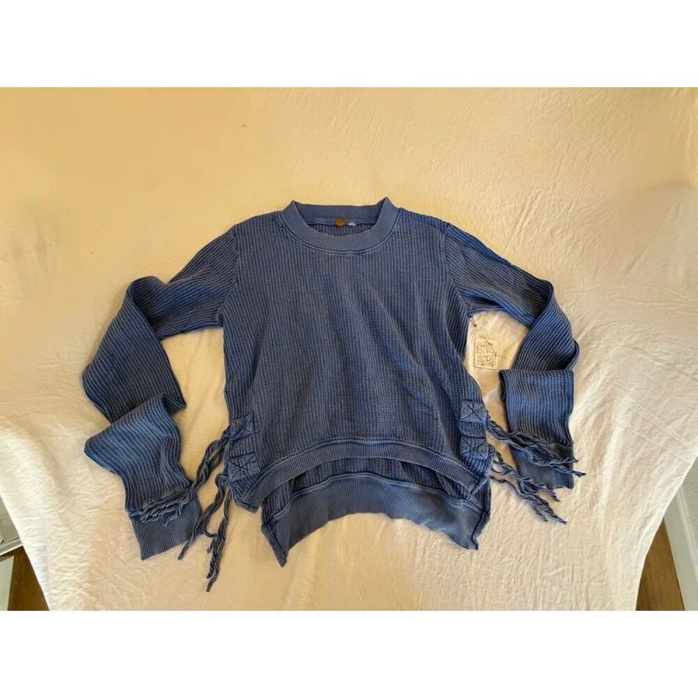 NWT Free People FP One Womens Size M Ocean Blue Thermal Fringe Waffle Knit Top